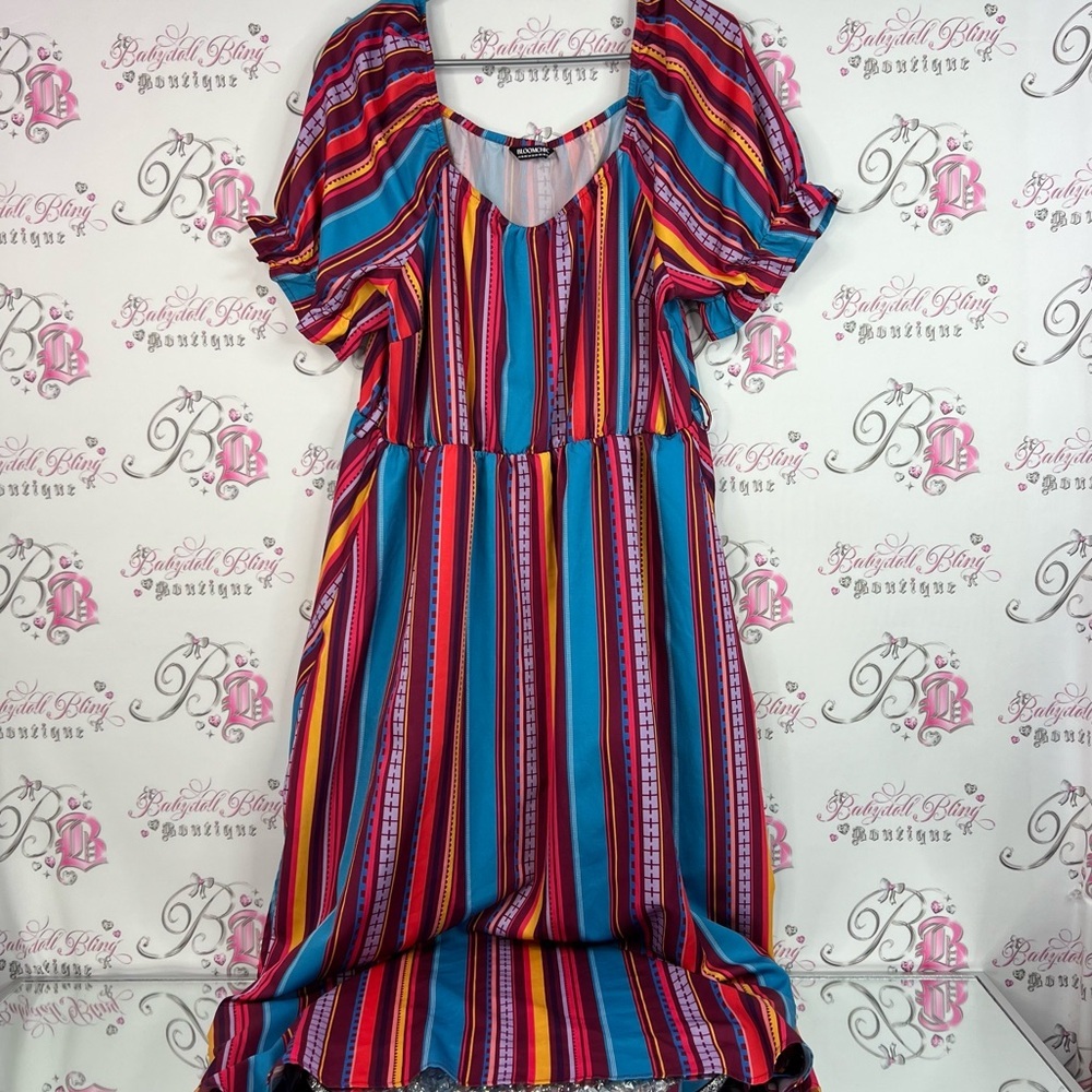 BloomChic dress puff sleeve stripes flowery Vibrant Striped long maxi Dress